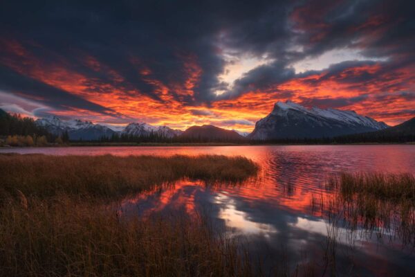 Sunrise beams and Mt Rundle photographed by Nick Fitzhardinge at Vermilion Lakes.